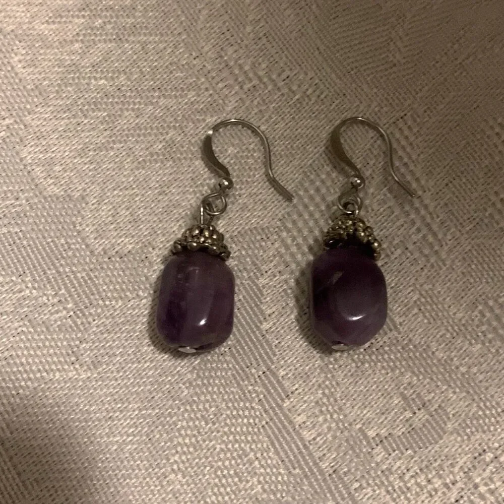 Vintage Silver Amethyst Hook Back‎ Drop Earrings